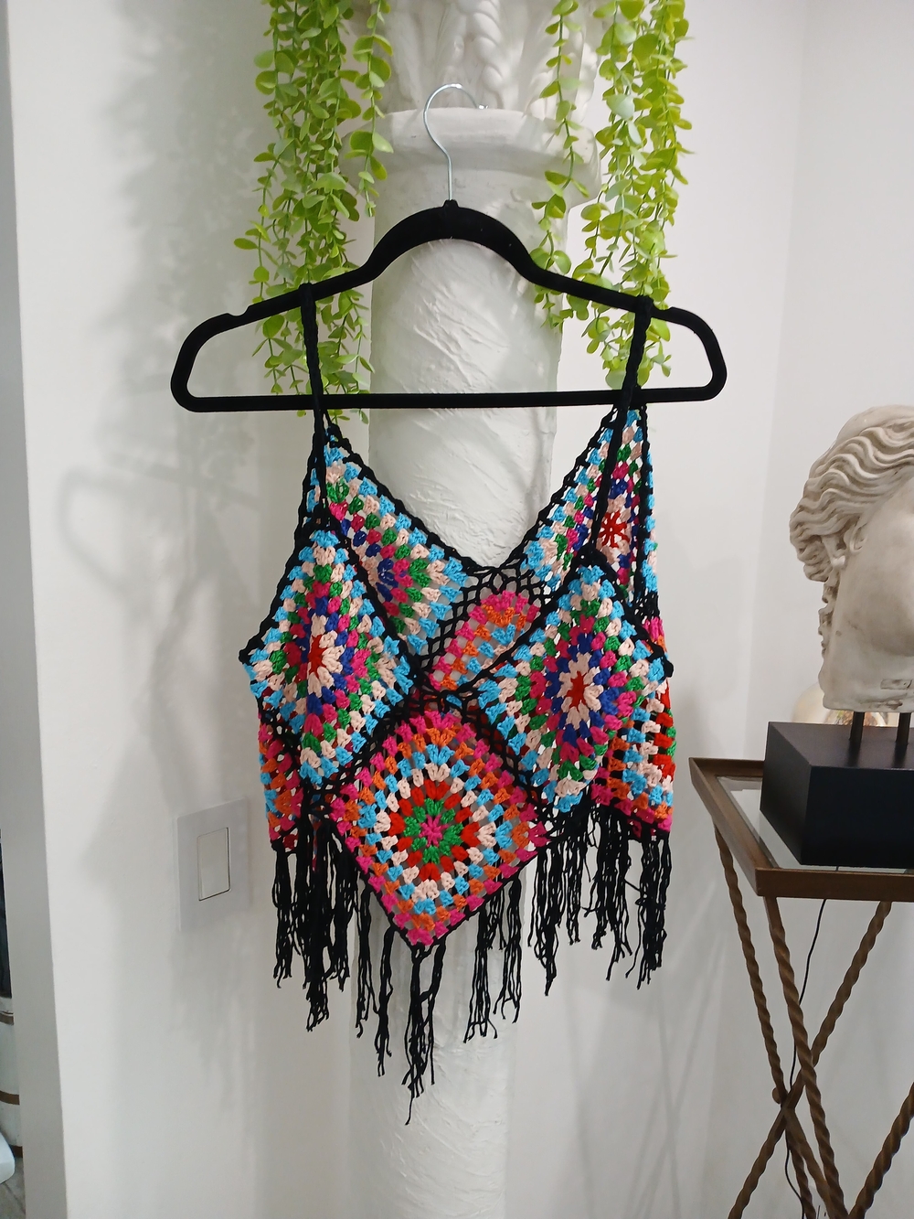 Handmade Multicolor Crochet Fringe Camisole - Black Trim